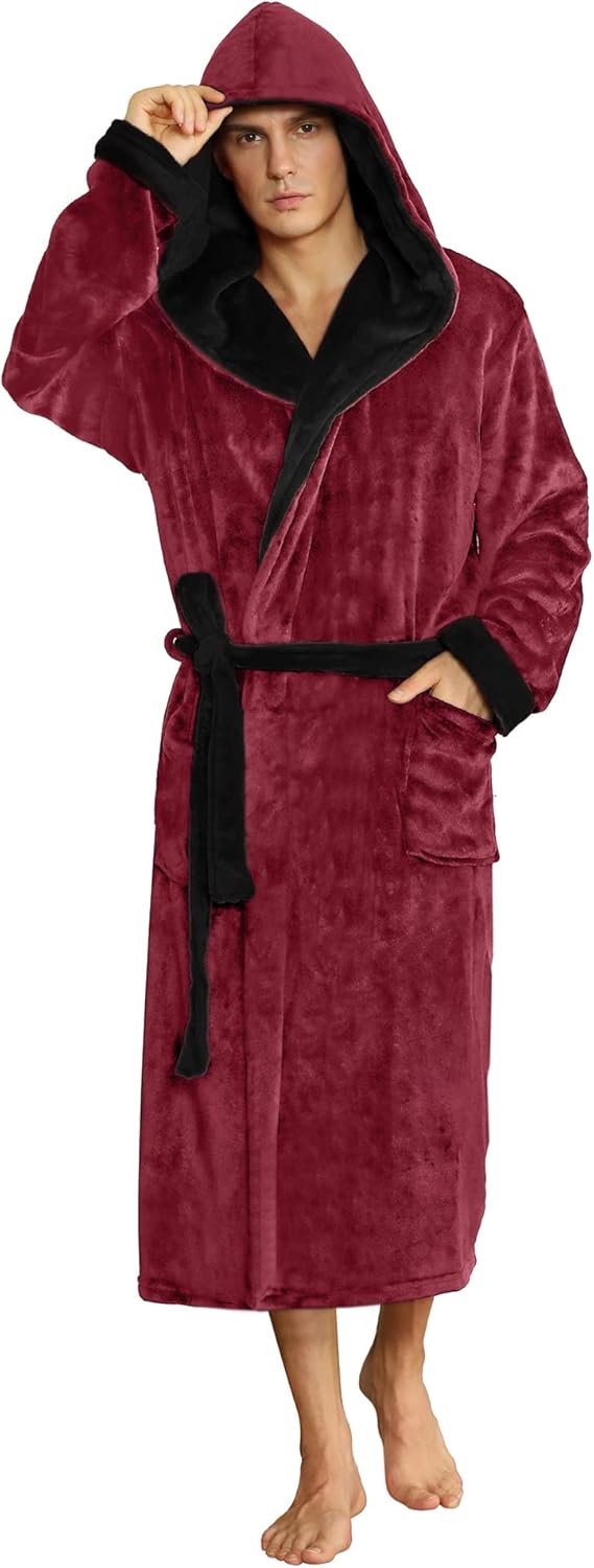 Burgundy fleece robe with hood and black trim, belt tie, long sleeves
