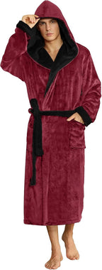Men's two-tone hooded fleece robe, burgundy with black hood lining, belt and pockets