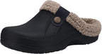 Black slip-on clogs with plush beige lining, round button detail, and cushioned sole