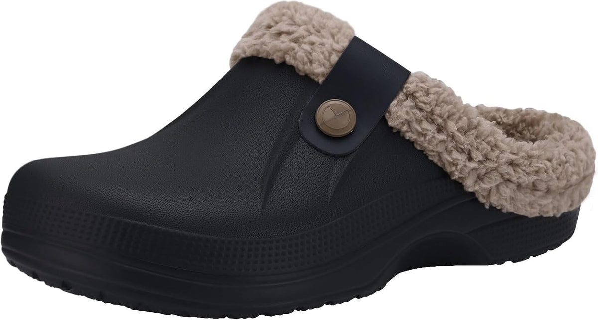 Black slip-on clogs with plush beige lining, round button detail, and cushioned sole