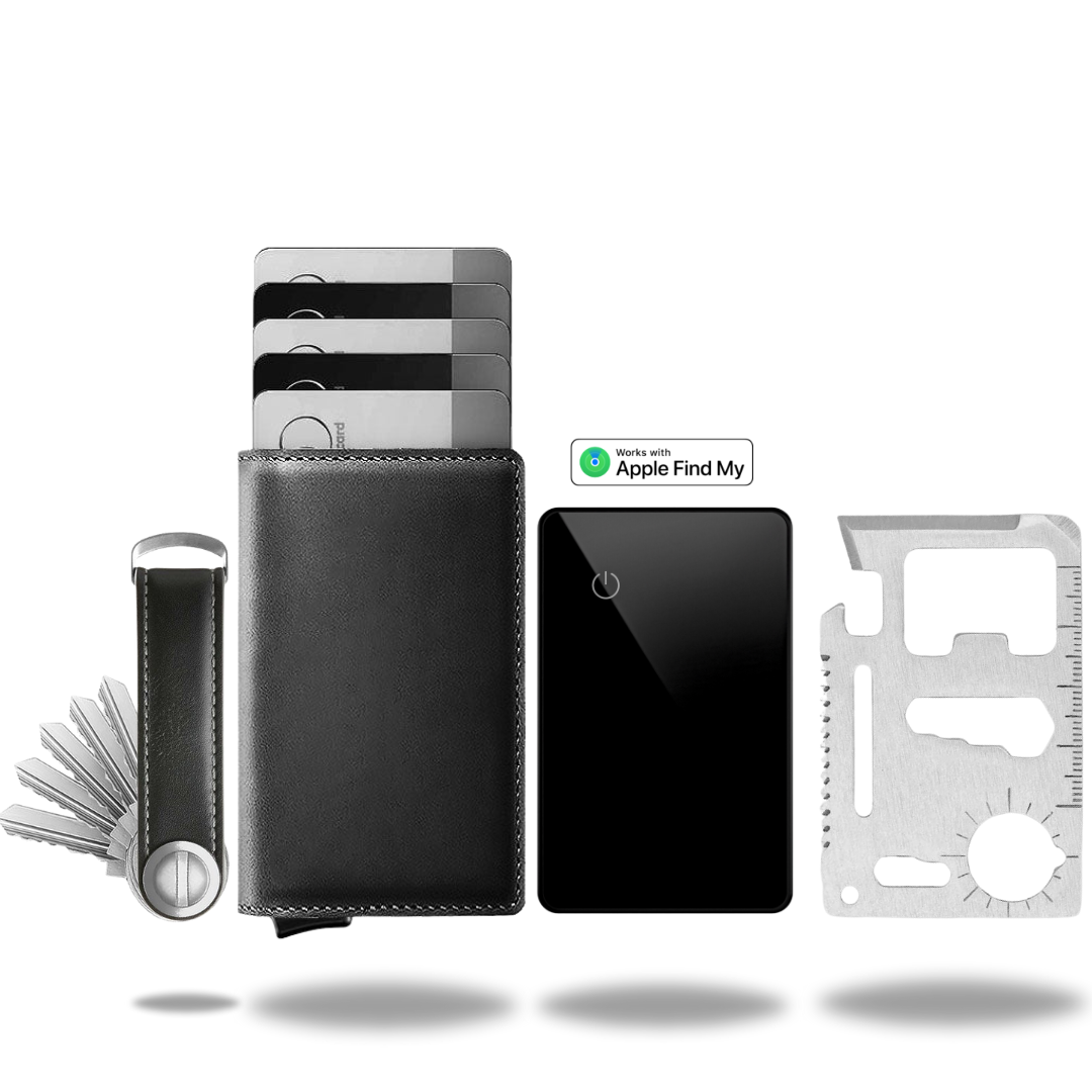 Black slim leather wallet kit with Apple Find My card and multiple insert pieces