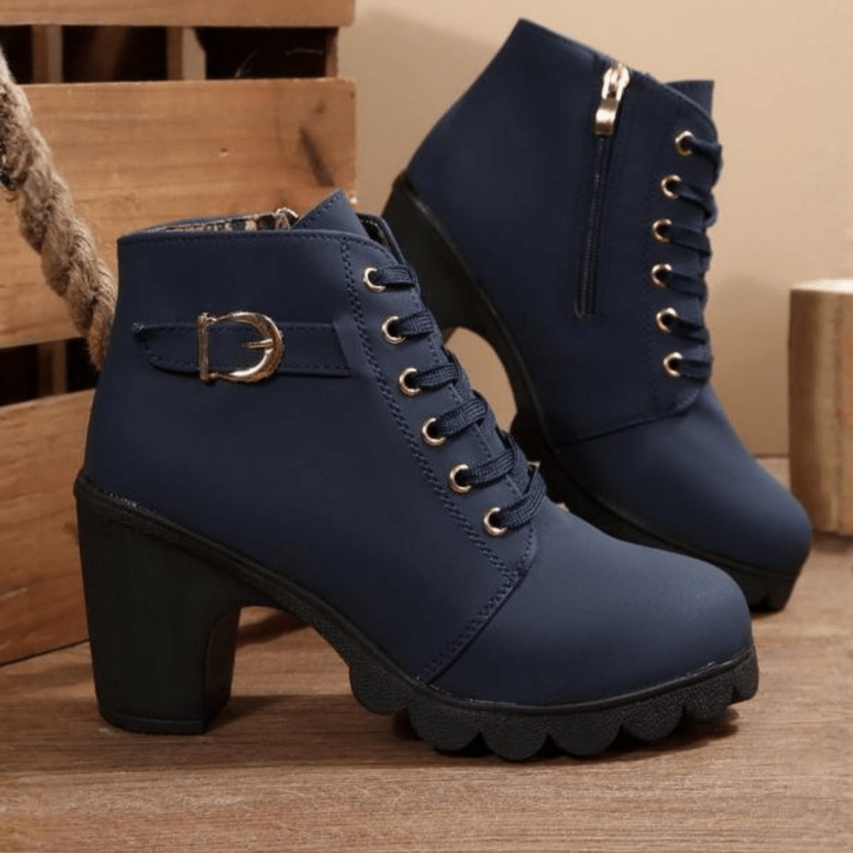 Mechi | Boots For Women | Lace Up Ankle Block Heel Blue