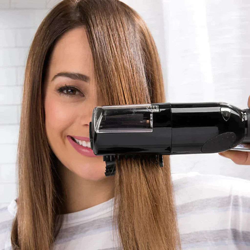 Black cordless split-end hair trimmer with clear guard and blade window, handheld