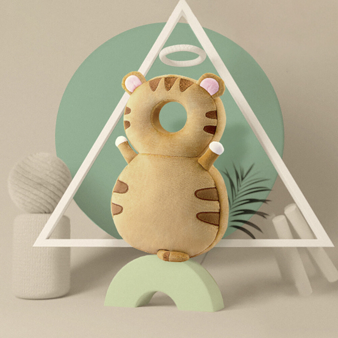 Plush baby head protector backpack cushion, beige animal design with round head pad