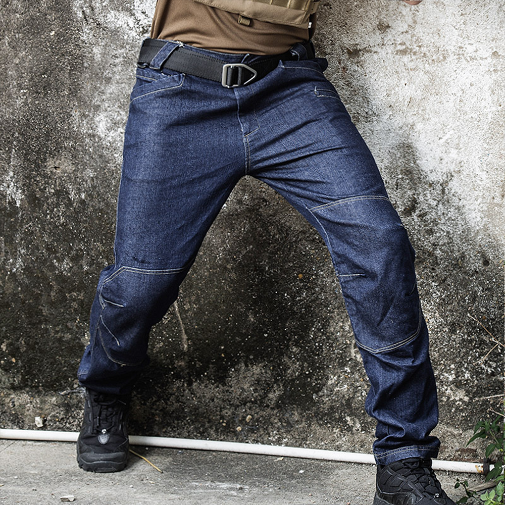 Norenzo | Tactical Jeans for Men - Cotton Blend Stretch 9 Pocket Straight Denim All Season Fit-Tactical Pants-Blue-28W/30L-Camoufit