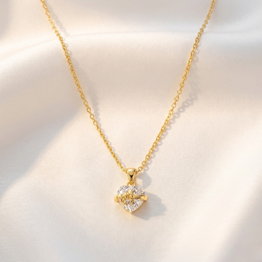 Yavina | Heart Necklace for Women - Gold Bow Sparkling Stone Delicate Elegant Fit-Necklaces-Gold-Camoufit