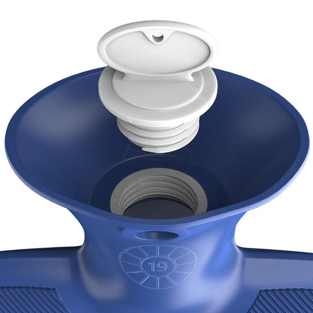 Blue hot water bottle with white screw cap and funnel top, no knit cover shown