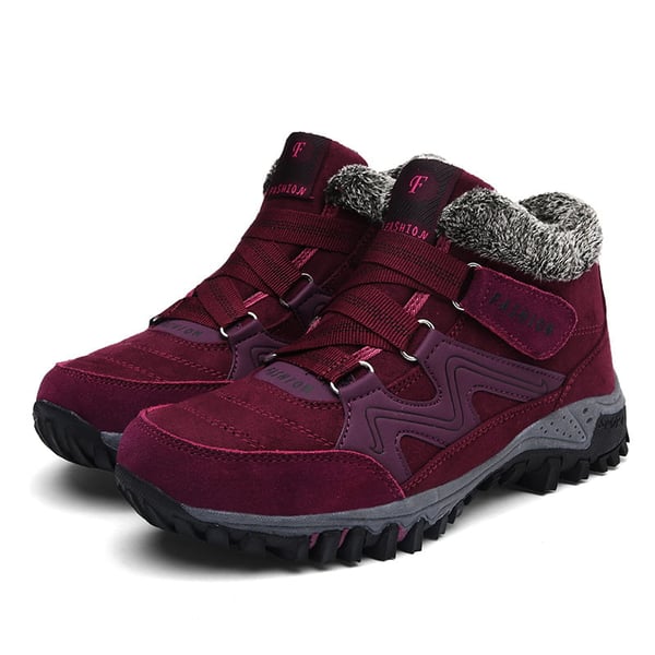 Unisex winter boots with faux-fur lining, lace-up, burgundy with non-slip tread