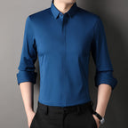 Vireon | Long Sleeve Shirt for Men - Johnny Collar Button Front Rolled Cuff Cotton Regular Fit-Men's Shirt-Dark Blue-S-Camoufit