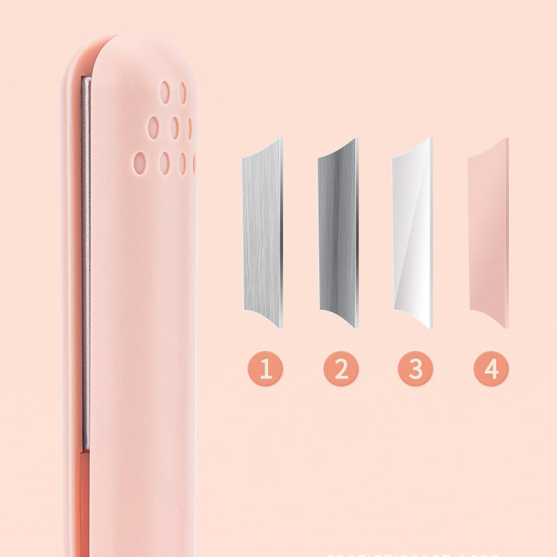 Mini 2-in-1 travel curling and straightening iron, light pink body with indicators
