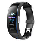 Black fitness tracker with OLED display showing ECG/PPG readout and blue accents