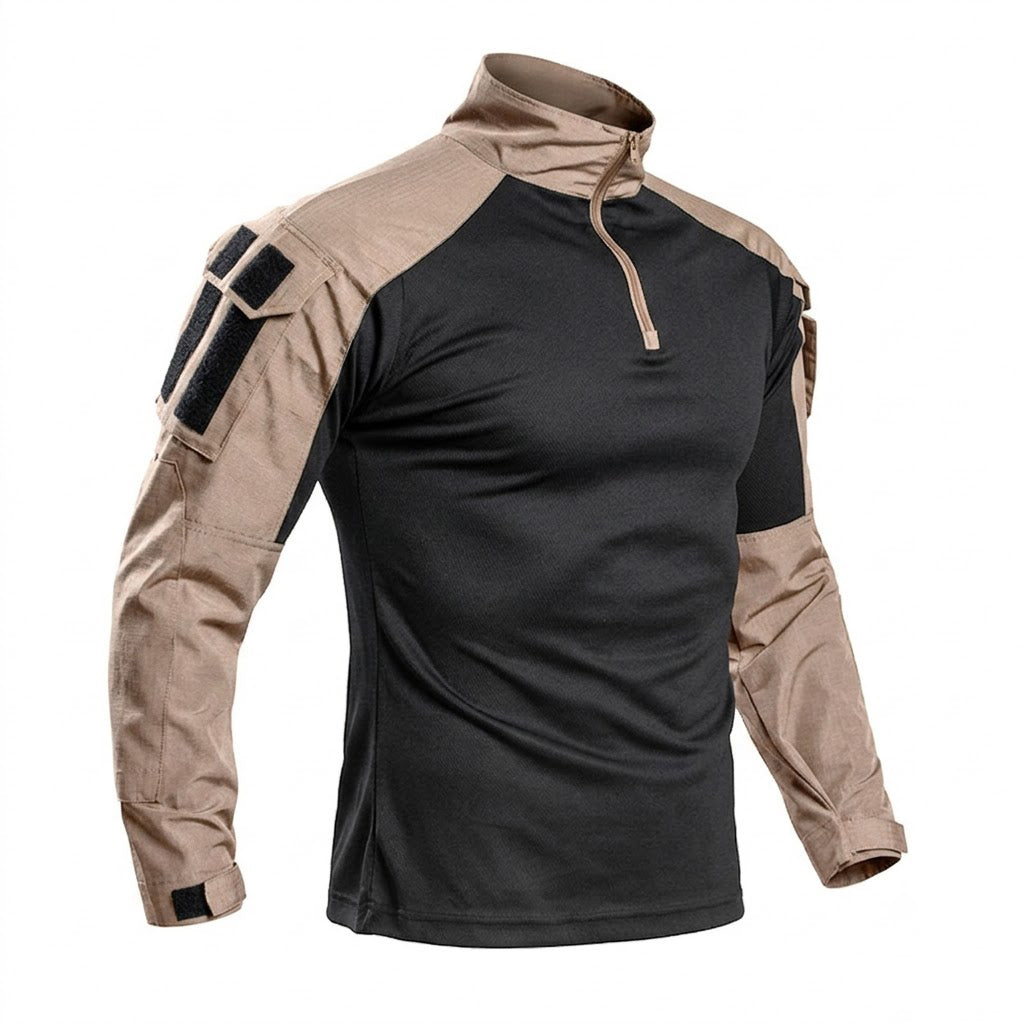 Ravello | Tactical Combat Shirt for Men - Quarter Zip Long Sleeve Sleeve Pocket Stretch Fit-Tactical Top-Khaki-S-Camoufit