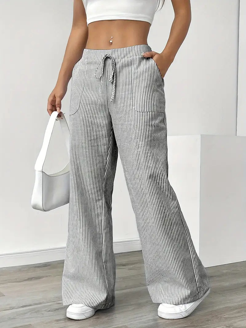 Isola | Wide Leg Trousers for Women - Striped Flared Drawstring Boho Beach Summer Fit-Women's Pants-Yellow-S-Camoufit