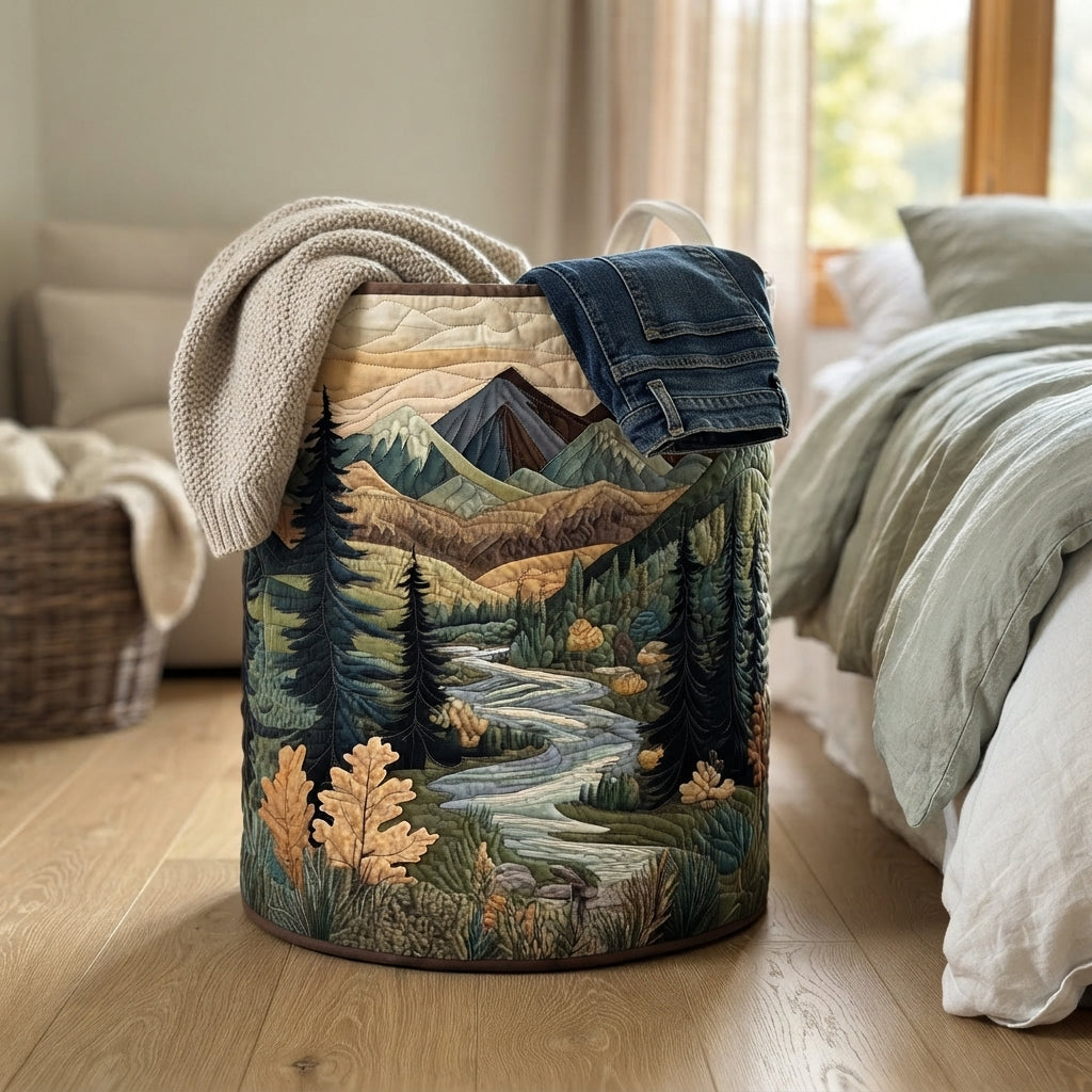 Forest print quilted laundry hamper with padded rim and top handles, freestanding