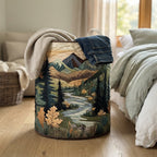 Forest print quilted laundry hamper with padded rim and top handles, freestanding