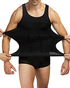 Men's compression tank undershirt, black sleeveless; hands stretching fabric for fit