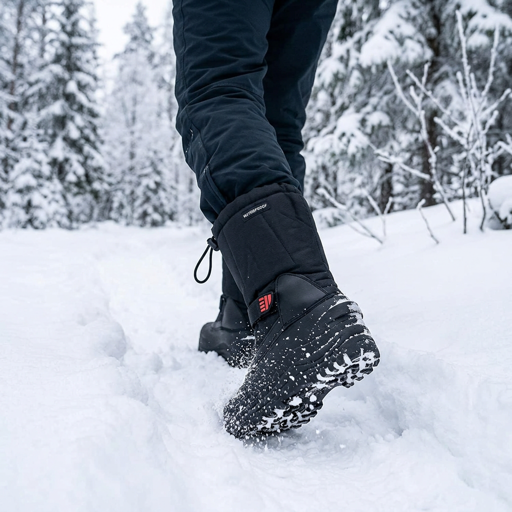 Insulated waterproof snow boot, dark fabric upper with drawcord and textured rubber sole