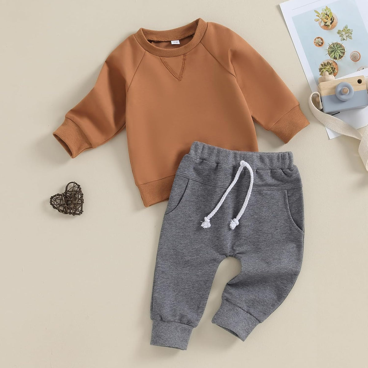 Kids 2-piece winter outfit: brown sweatshirt and gray drawstring jogger pants set