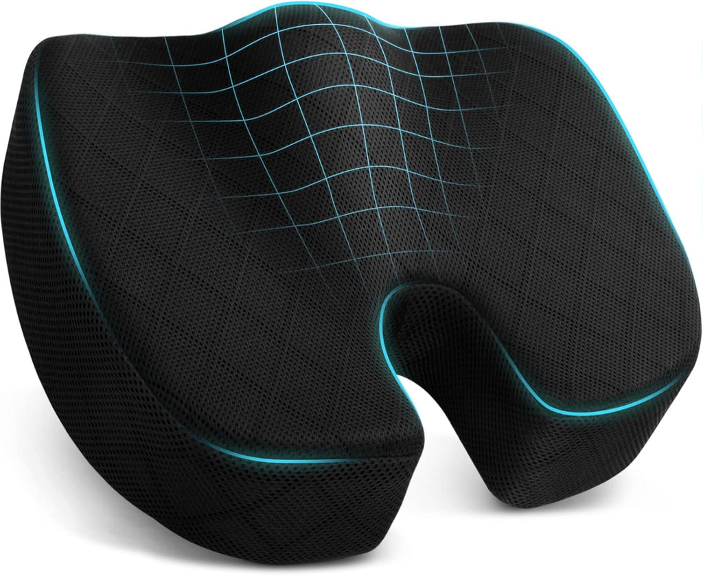 Memory foam seat cushion with U-cutout, turquoise piping, dark mesh texture with grid
