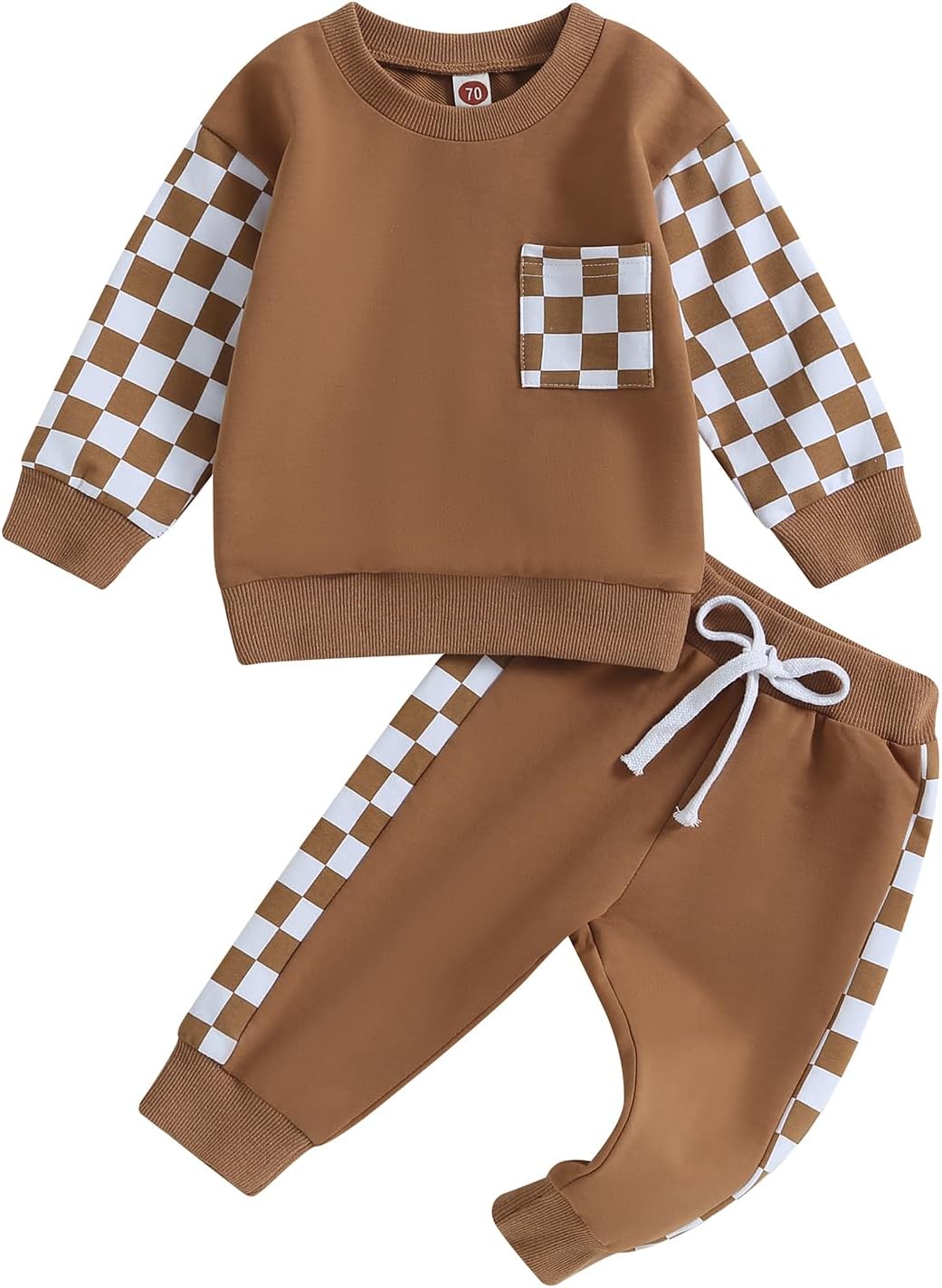 Brown baby sweatshirt and jogger pants set with check sleeves and pocket
