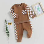 Baby 2-piece outfit: brown sweatshirt with checkered sleeves and matching joggers