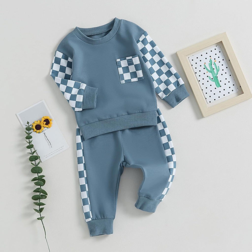 Blue baby sweatshirt and jogger pants set with check pocket and striped cuffs