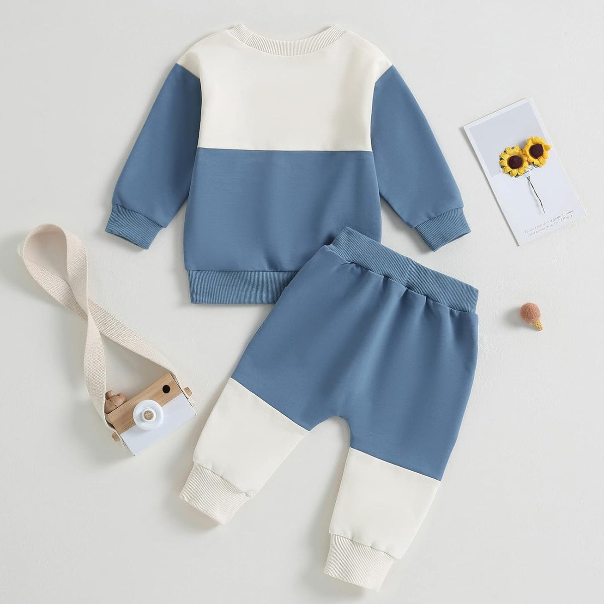 Baby 2-piece outfit: white and blue colorblock sweatshirt with blue jogger pants