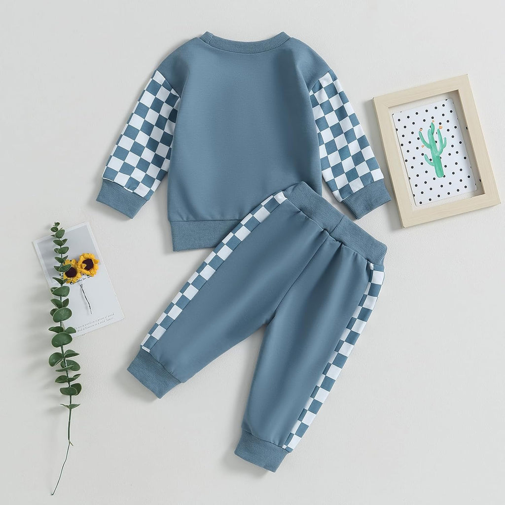 Baby 2-piece outfit: blue sweatshirt and stretch pants with checkered panel details