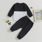 Baby 2-piece outfit: black and gray color-block sweatshirt with matching stretch pants
