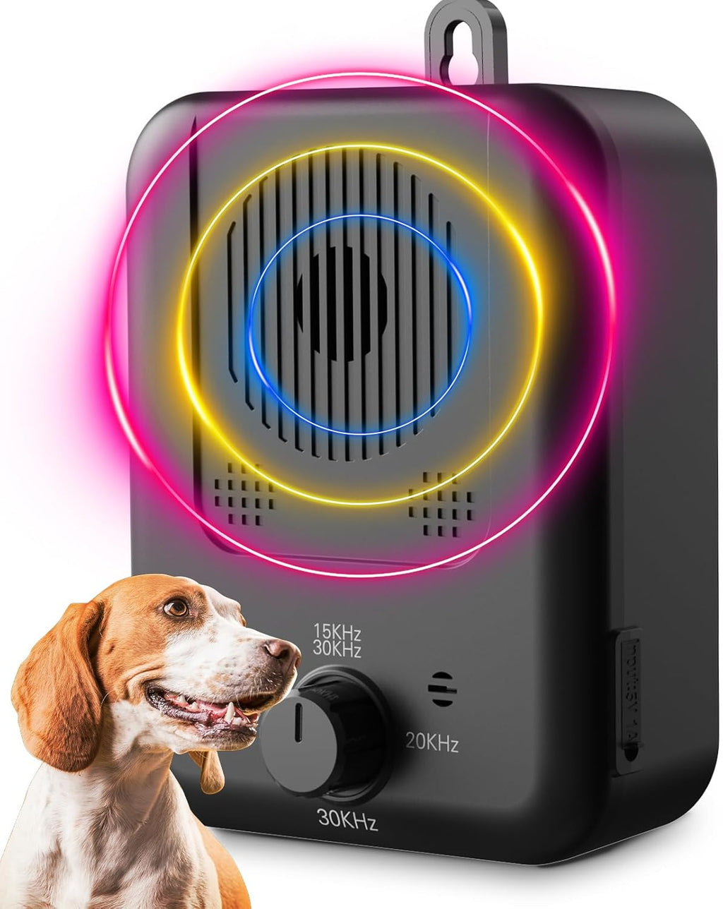 Ultrasonic anti-bark device, black housing with glowing ring, dial controls and loop handle