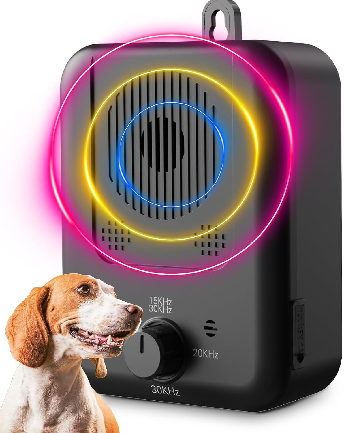 Ultrasonic anti-bark device, black housing with glowing ring, dial controls and loop handle
