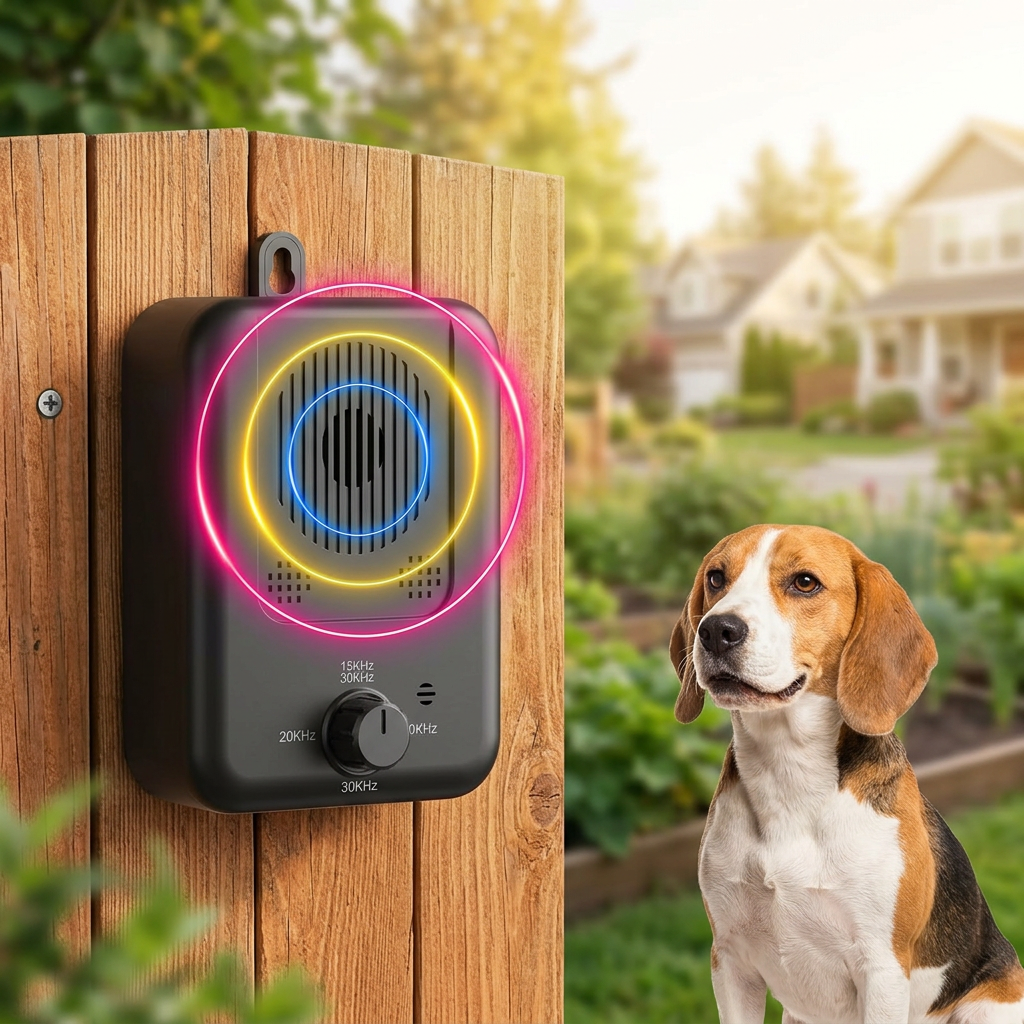 Ultrasonic anti-bark device mounted on wooden fence with glowing ring and control dial