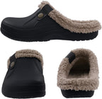 Black slip-on clogs shown from side, back, and front with plush beige lining