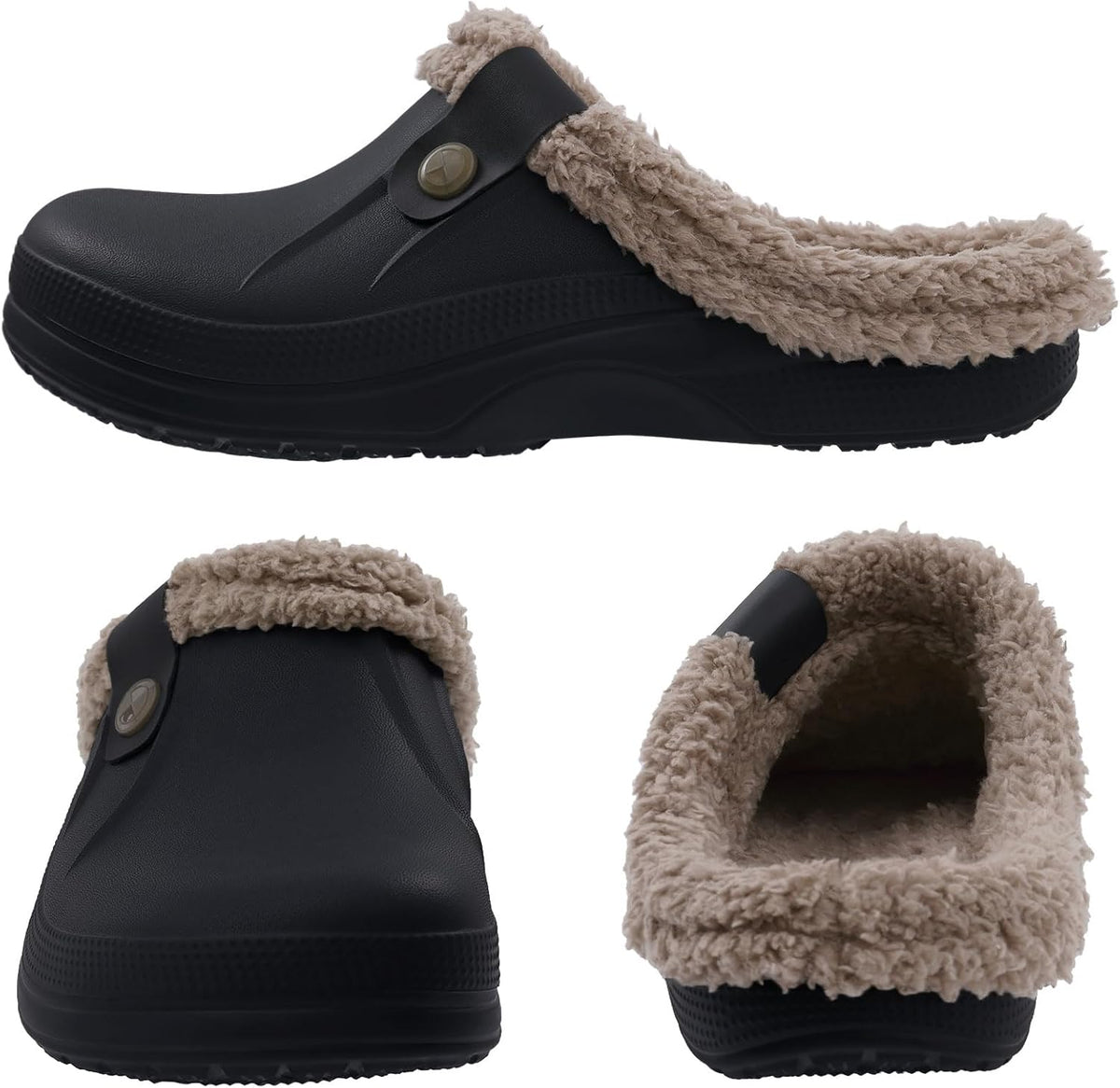 Black slip-on clogs shown from side, back, and front with plush beige lining