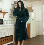 Men's fleece robe with hood and belt, front pockets; dark green velvety finish.