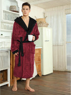 Burgundy hooded fleece bathrobe with black trim and belt tie, long sleeves