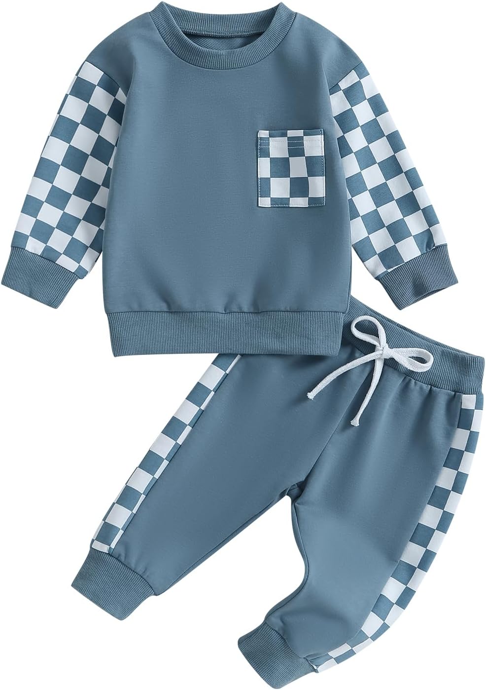 Blue baby sweatshirt and jogger pants set with check pocket and check cuffs