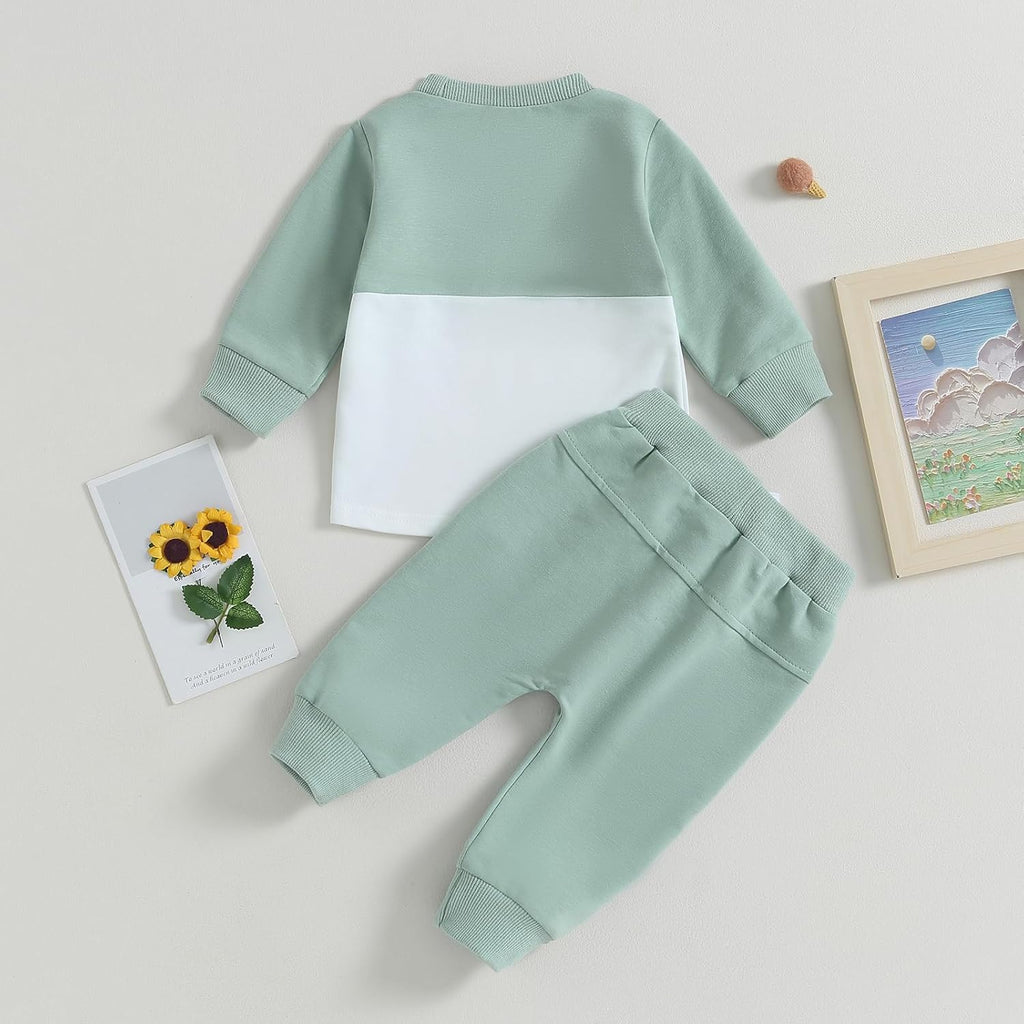 Baby 2-piece outfit in mint: sweatshirt with white front panel and matching stretch pants