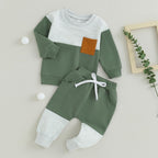 Baby 2-piece winter outfit: color-block sweatshirt and stretch pants, green and gray with orange pocket
