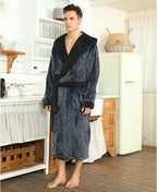 Two-tone hooded fleece robe front view, dark gray with black hood lining, belt pockets