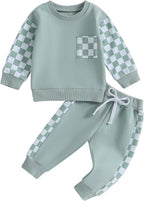 Baby 2-piece outfit in mint: sweatshirt with checkered patch and matching stretch pants with drawstring