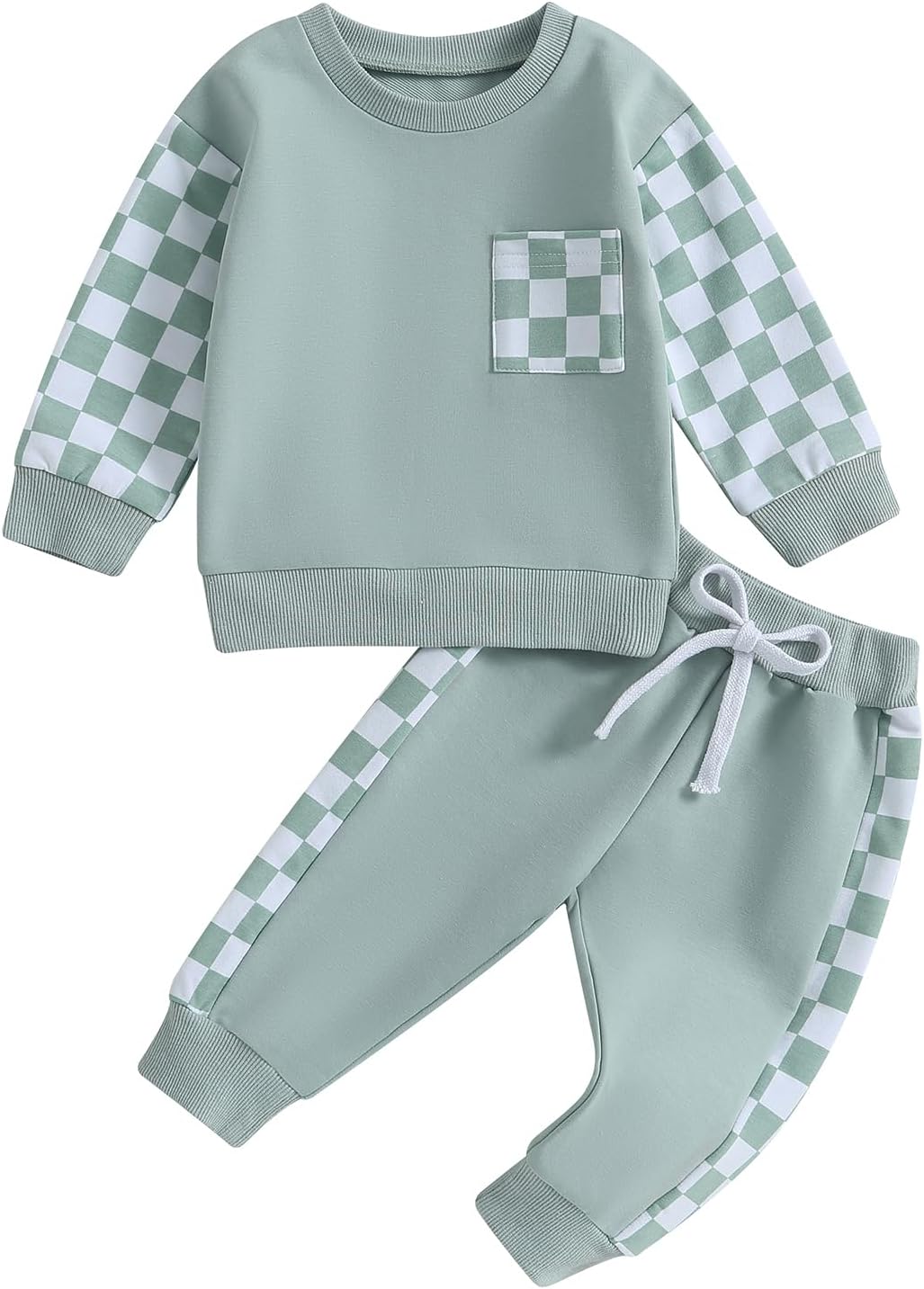 Baby 2-piece outfit in mint: sweatshirt with checkered patch and matching stretch pants with drawstring