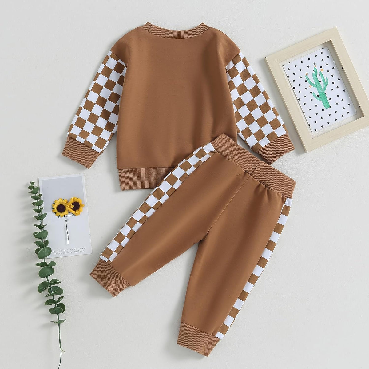 Baby Jogger 2-piece baby outfit with tan check sweatshirt and jogger pants