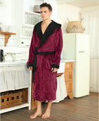 Burgundy fleece robe with black hood trim, belt tie, side pocket, long sleeves