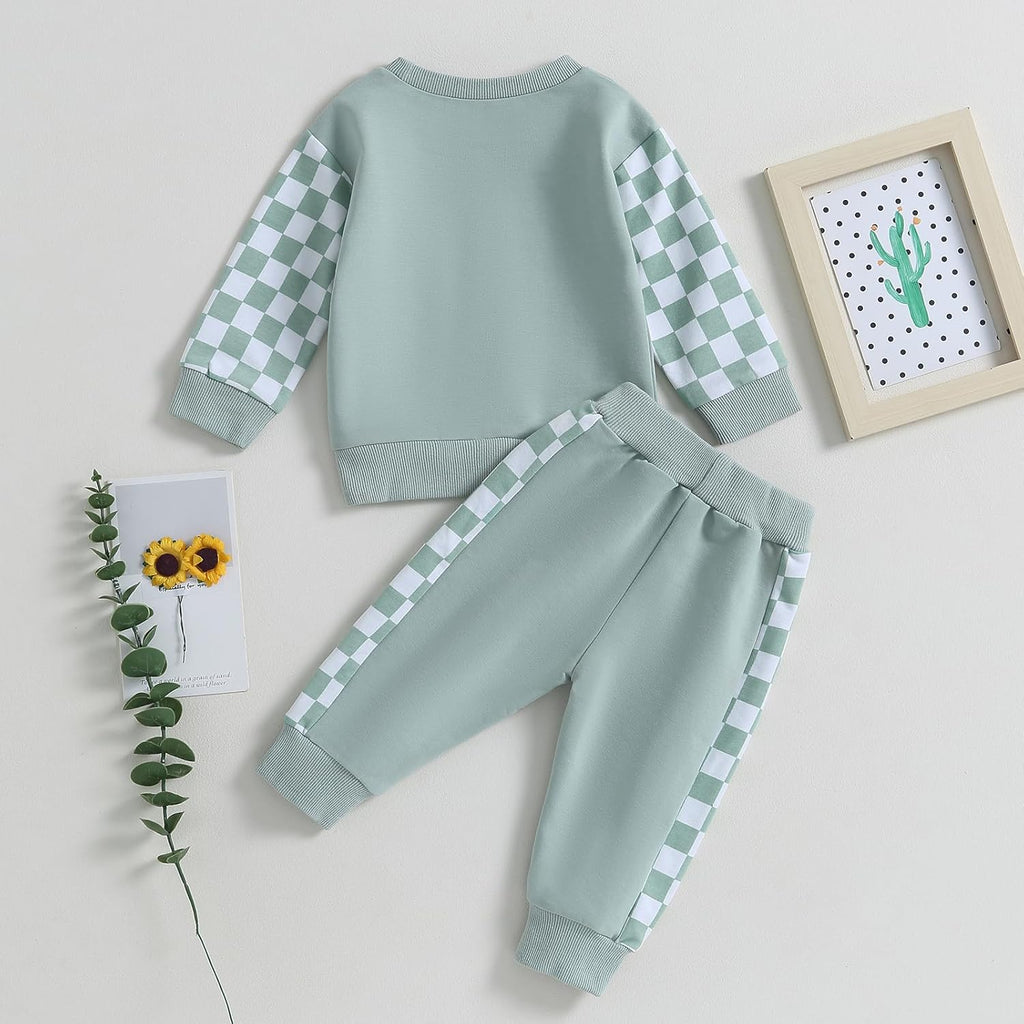 Light mint baby sweatshirt and jogger pants set with check sleeve panels
