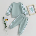 Light mint baby sweatshirt and jogger pants set with check sleeve panels