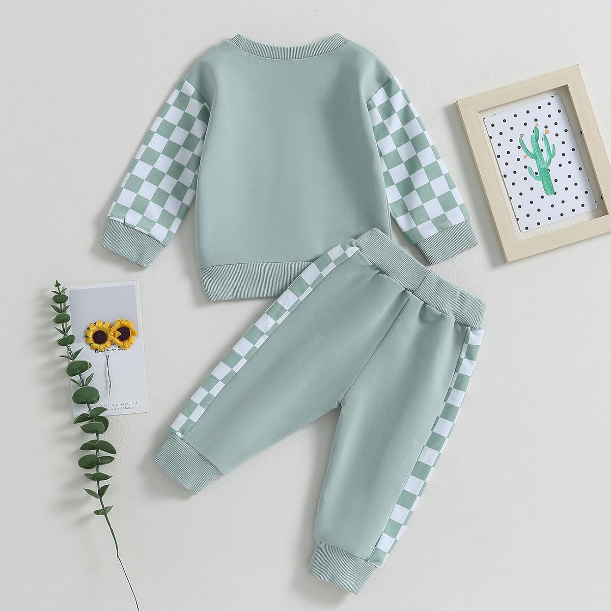 Light mint baby sweatshirt and jogger pants set with check sleeve panels
