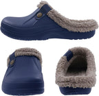 Navy warm-lined slip-on clogs with plush sherpa lining and round snap button