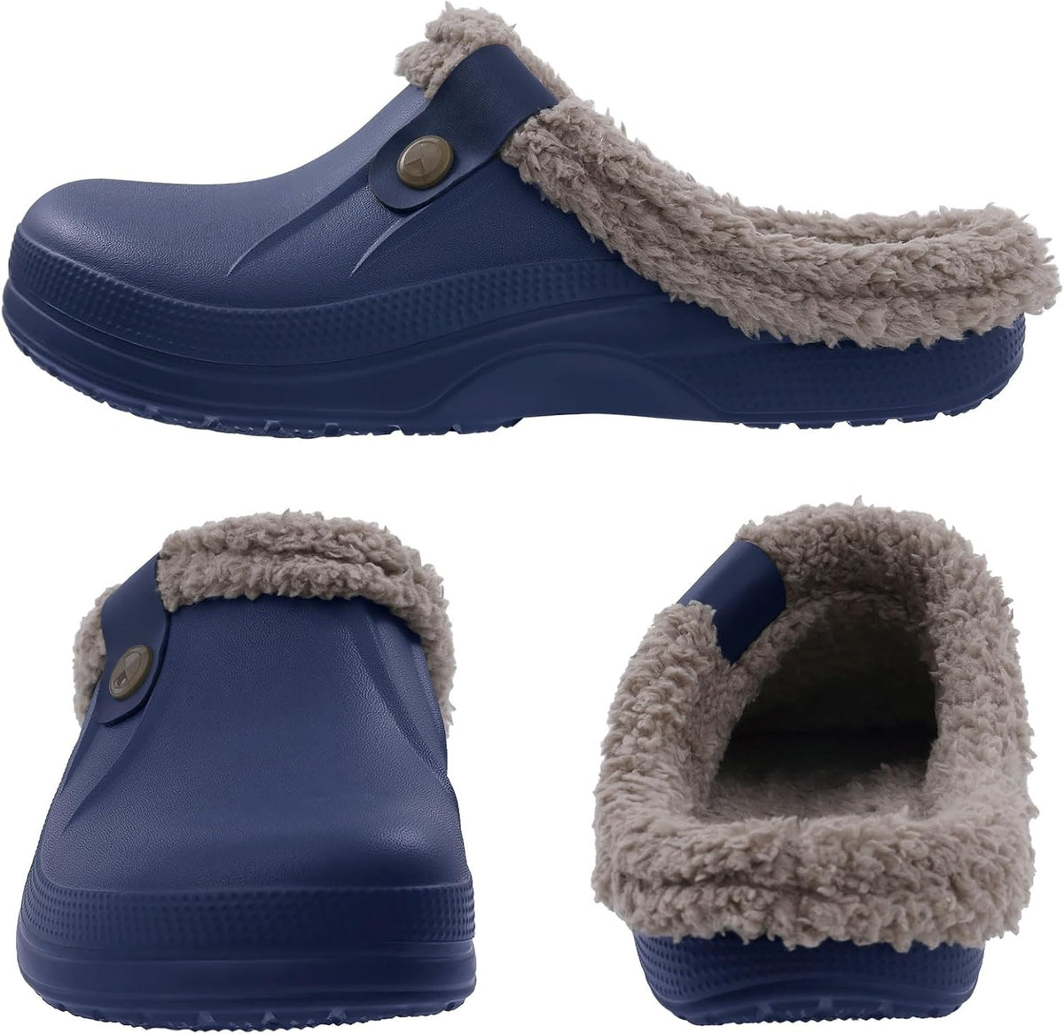Navy warm-lined slip-on clogs with plush sherpa lining and round snap button