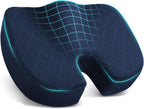 Ergonomic memory foam seat cushion with U-cutout, turquoise piping, navy mesh texture with grid